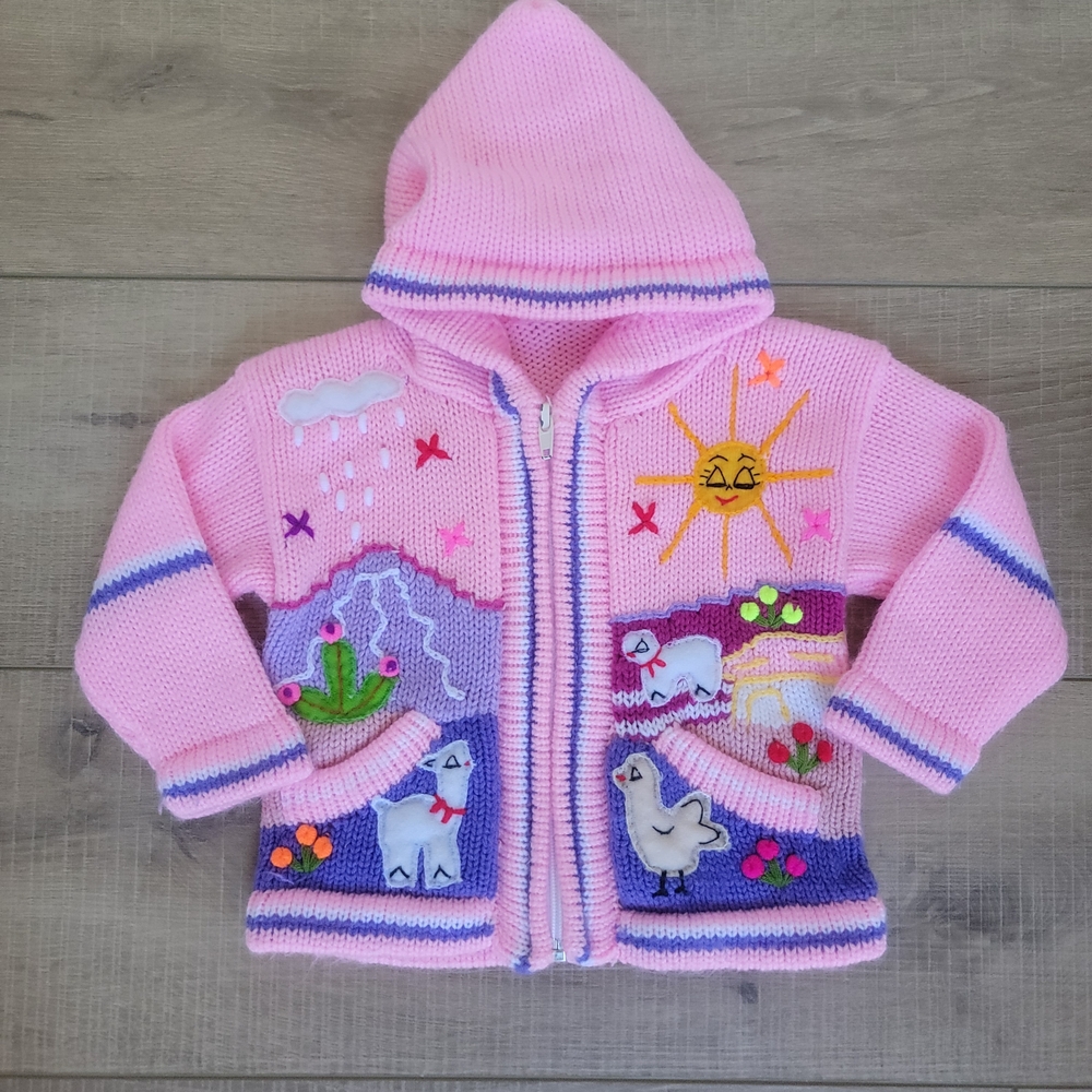 Pink Hooded Knit Jacket with Animal and Nature Design